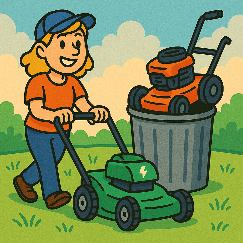 An electric mower and a gas mower side-by-side