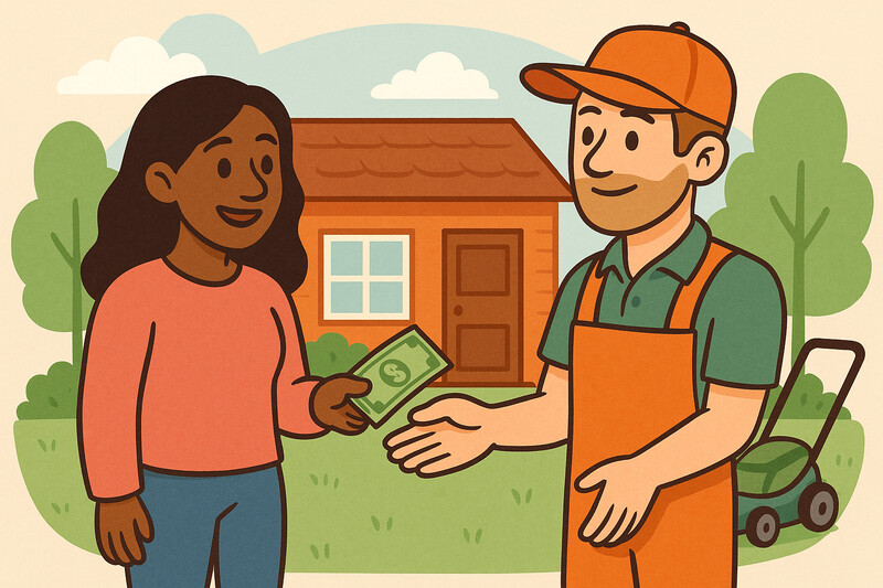 A landscaper with electric equipment talking to a homeowner